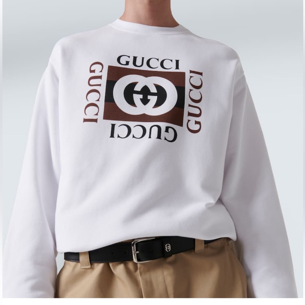 Gucci Logo GG Men’s Size S Felted Cotton Jersey White/Brown Sweatshirt Pullover